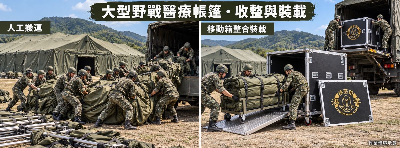 野戰醫療帳篷移動箱｜從現場部署到撤收運輸  大型野戰醫療帳篷提供醫療作業空間，而完整的撤收與運輸規劃，讓設備能順利進入下一次任務。針對本案重量超過 120 公斤的帳篷，我們規劃專用瑞克箱，整合前開式箱體、金屬防滑斜坡板與重型煞車輪，串接收整、入箱、移動及車輛裝載流程。  一、醫療帳篷特色  醫療帳篷可依任務調整尺寸、單層或雙層配置，以及指定圖徽與外觀顏色。帳篷之間可串聯，形成醫療檢傷、病情觀察及物資儲存等作業空間，支援災害緊急應變與軍方演練。  可拆卸篷壁便於維護、清洗與消毒；雙篷壁可搭配空氣製冷設備，滿足醫療作業與藥品儲物的環境需求。篷壁採抗風、耐候材料，接縫採高週波或熱熔接工法，並可依需求搭配照明、發電機及環境調控設備。  二、把撤收與搬運納入部署規劃  大型帳篷撤收後，厚重篷布與配件容易形成難以抓握、搬移及固定的包件。多人合力搬運時，還需要協調施力、跨越車斗高度，並安排上車後的收納位置。  我們以專用移動箱建立固定的收納單元：帳篷完成折疊與綁束後，配合移動托架，沿斜坡板推入箱內，再封箱、移動至裝載位置，搭配車輛升降尾門或適當搬運設備上車，讓各階段作業更有秩序。  三、移動箱的機動性與設計特色  * **前開式箱體：**提供正面裝卸空間，便於收整後的帳篷進出。 * **金屬防滑斜坡板：**銜接地面與箱內底板，配合移動托架進行推入、推出作業。 * **重型煞車輪：**便於在適合的硬質平整地面移動，裝卸時可定位。 * **內部固定規劃：**依帳篷包件配置托架與綁束位置，限制運輸中的位移。 * **品牌與任務識別：**箱體配置品牌 Logo，可增設品名、編號及配件清單，方便清點與管理。  四、本案尺寸規劃  項目 規格 產品名稱 野戰醫療帳篷移動箱 箱體形式 客製瑞克箱，前開式設計 內部收納尺寸 長 130 × 寬 122 × 高 105 公分 外部尺寸 約長 135 × 寬 130 × 高 130 公分 高度計算 外部高度包含腳輪 收納對象 本案重量超過 120 公斤的野戰醫療帳篷 裝卸配置 金屬防滑斜坡板、移動托架與內部固定配置 車輛裝載 搭配升降尾門或適當搬運設備  以上為本案箱體規劃尺寸；實際收納配置依帳篷折疊後的尺寸及配件清單安排。帳篷重量為收納物重量，箱體與斜坡板承載另依實際總重設計。  讓大型帳篷收得整齊、移得順暢，下一次任務更容易出發。  關鍵字：野戰醫療帳篷、醫療帳篷移動箱、大型帳篷收納箱、軍用帳篷運輸箱、客製瑞克箱、金屬防滑斜坡板、機動醫療部署、災害緊急應變、醫療檢傷、戰備物資收納。